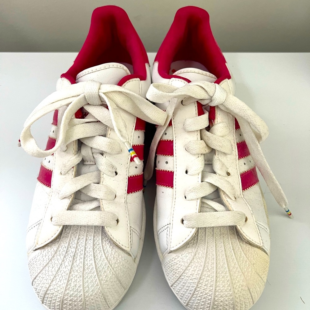 Adidas Ladies Pink and White Shell Toe Size 7.5